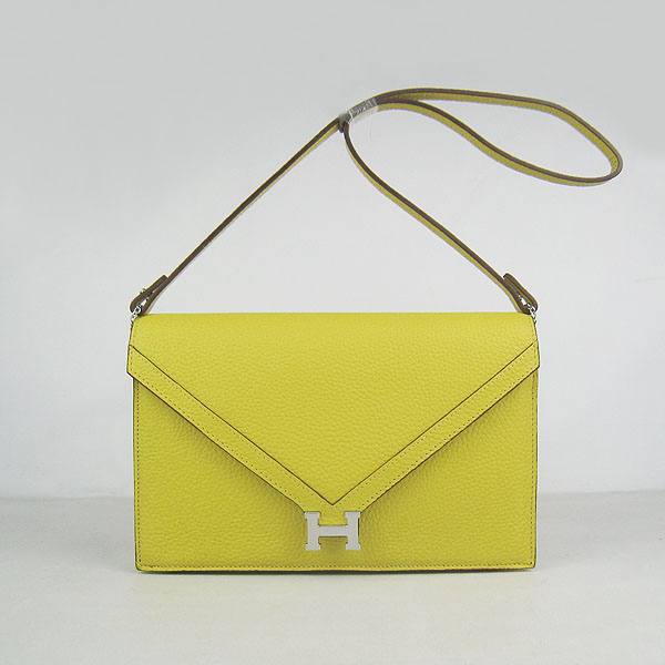 7A Hermes Togo Leather Messenger Bag Lemon With Silver Hardware H021 Replica - Click Image to Close